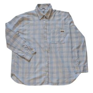 SRQ Button Up Shirt Man XL Blue‎ White Plaid Long Sleeve Pocket Casual